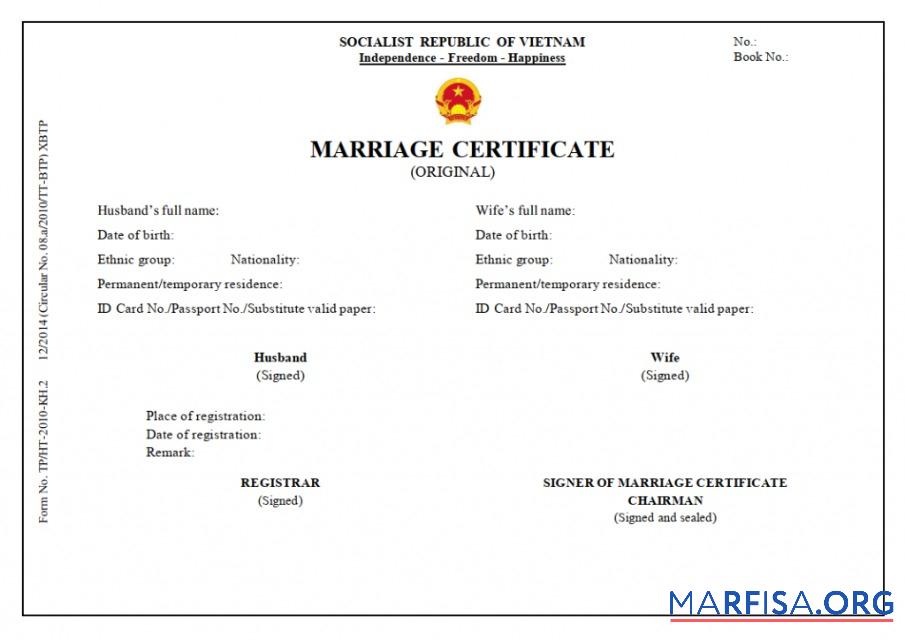 Downloadable Vietnam Marriage registrar marriage certificate sample